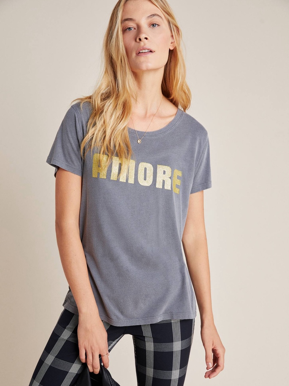 ANTHROPOLOGIE 1X LETLUV Amore Shimmer Graphic Tee in Carbon Grey + Gold